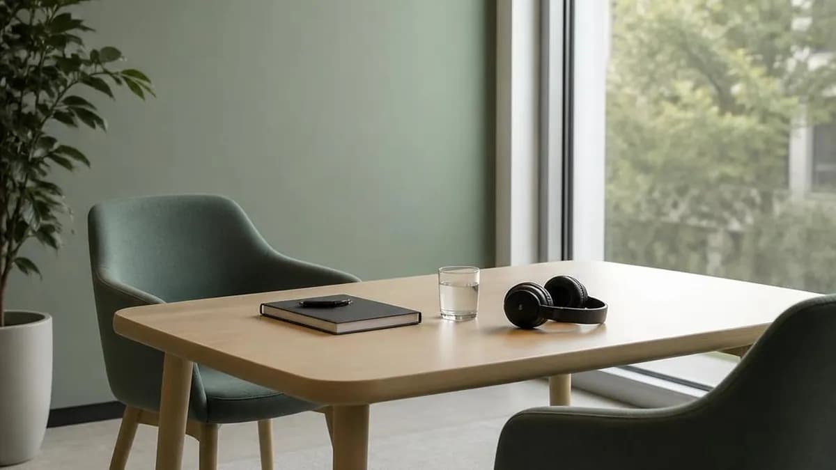 Une petite salle de réunion vide : deux chaises face à face, une table en bois clair avec un carnet fermé, un verre d'eau et un casque audio, une grande fenêtre sur des arbres.
