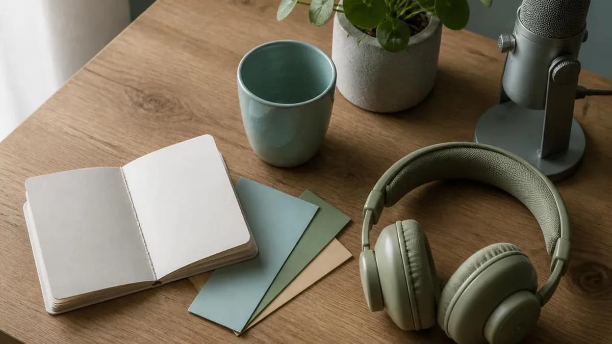 Un bureau en bois vu de haut : un petit livret ouvert et des cartes de couleur d'un côté, un casque audio et un micro de l'autre, une tasse et une plante au fond.