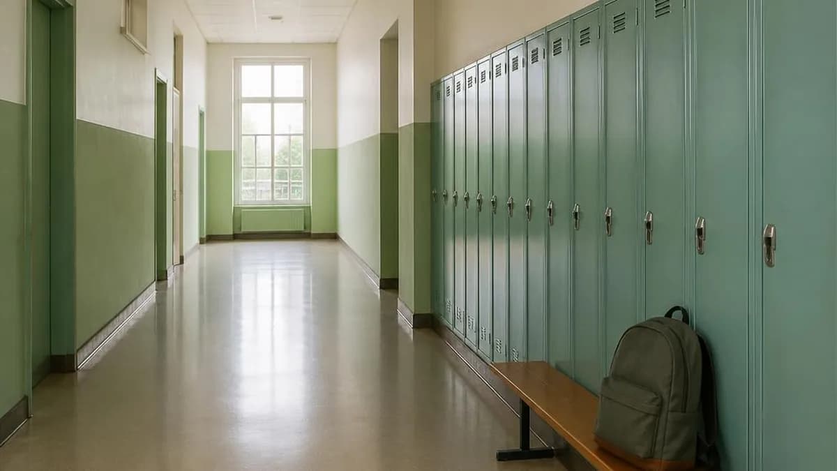 Ein leerer, heller Schulflur: eine Reihe geschlossener Spinde und ein Schulranzen auf einer Bank.